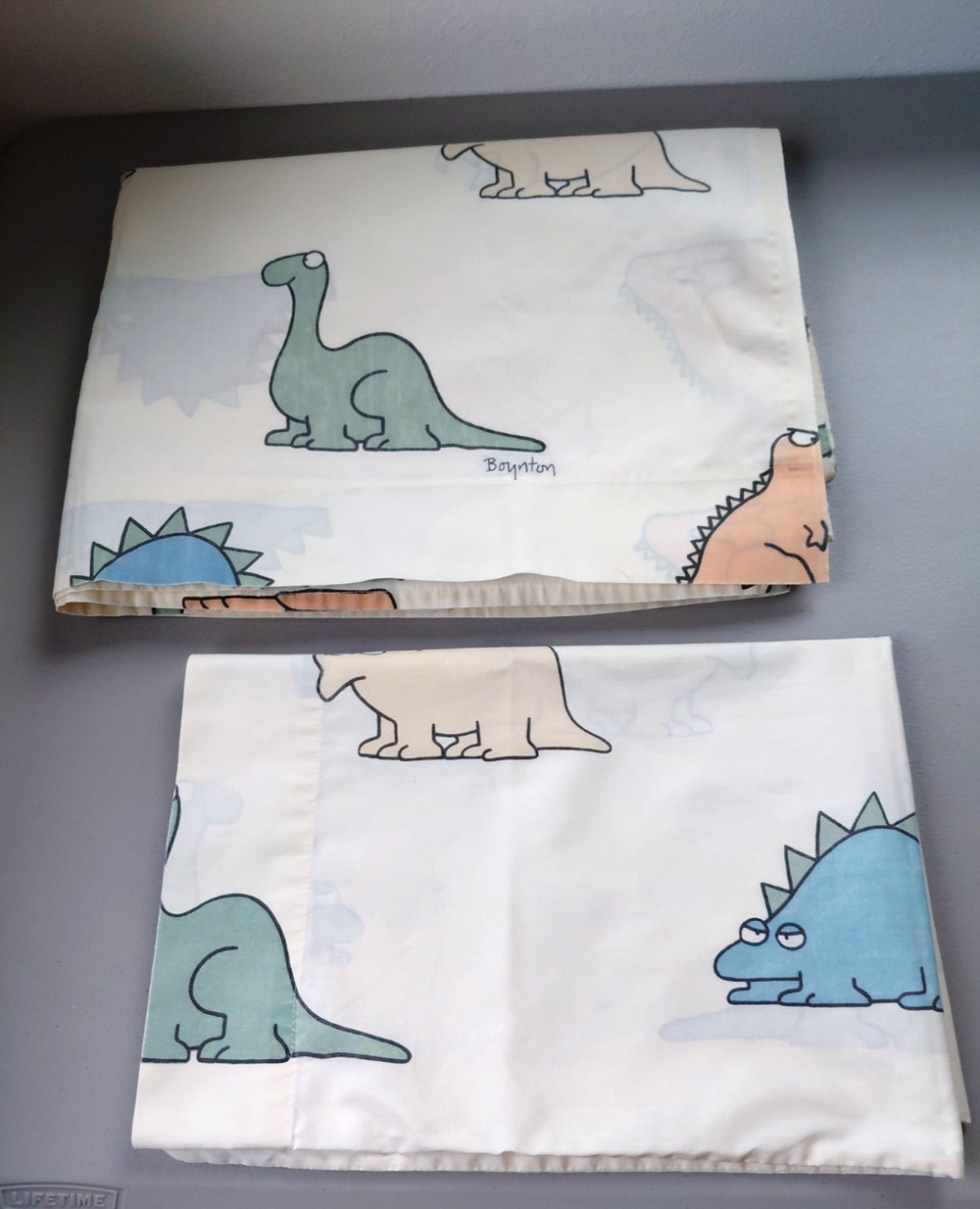 1986 Sandra Boynton Classic Twin Top Sheet + Pillowcase Dinosaur Bedding VTG
